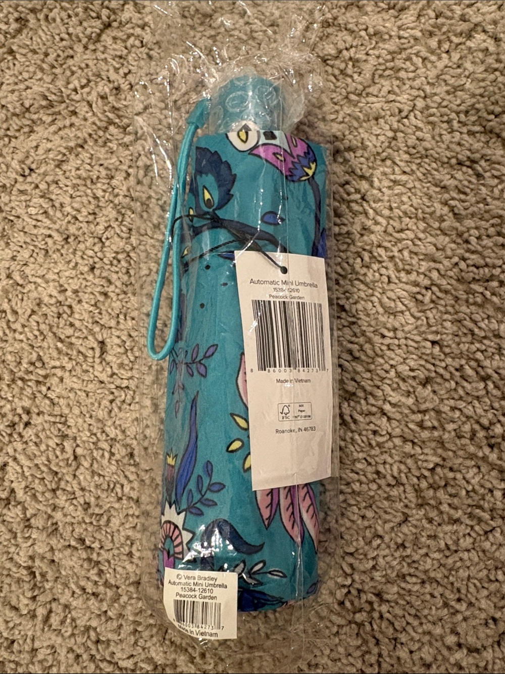 Vera Bradley Teal Floral Peacock Pattern Mini Umbrella
